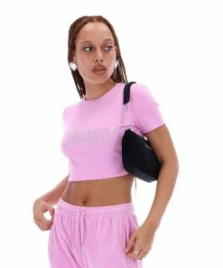 JUICY COUTURE ORCHID PINK DIAMANTE GRAPHIC CROP TEE TOPS