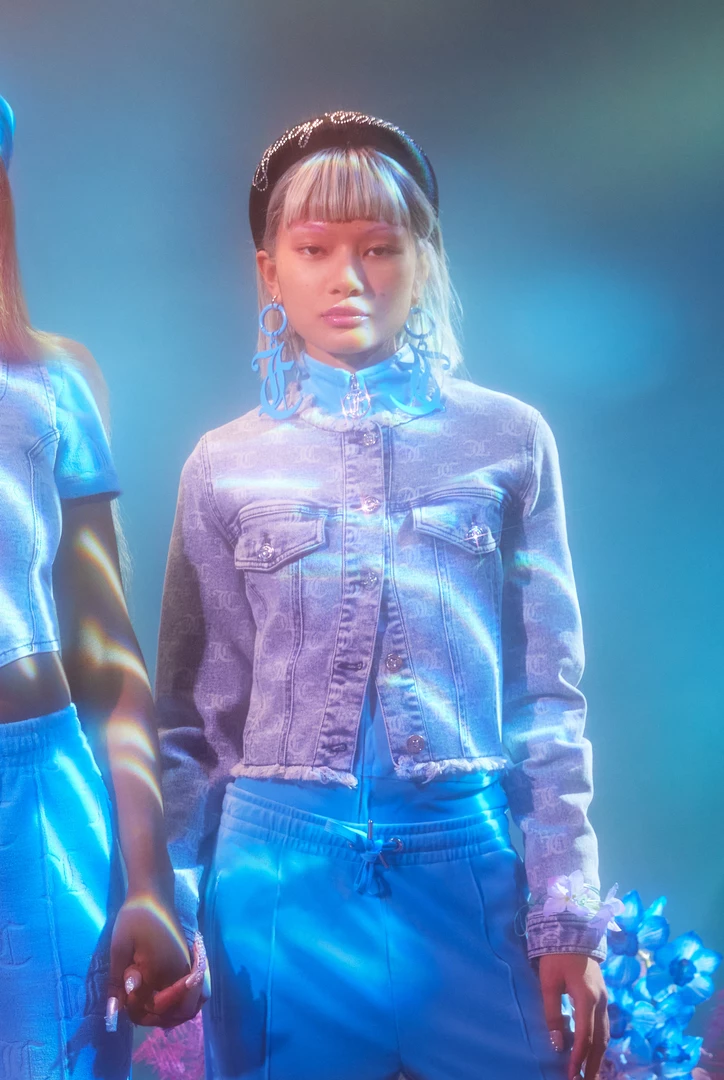 JUICY COUTURE INDIGO MONOGRAM ACID WASH DENIM JACKET