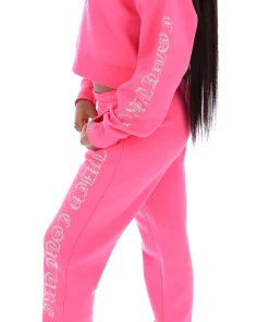 JUICY COUTURE SPRING SUMMER '22 COLLECTION FLURO PINK CAPITAL DIAMANTE GRAPHIC JOGGERS