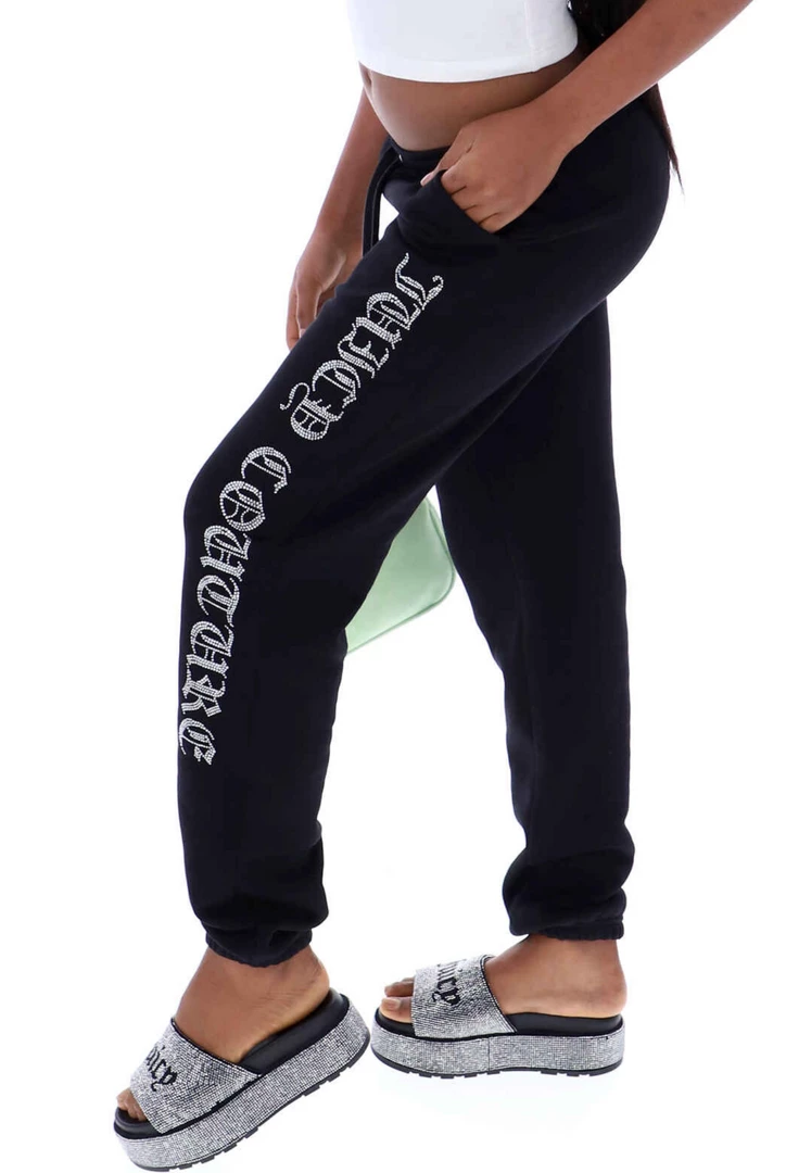 JUICY COUTURE SPRING SUMMER '22 COLLECTION BLACK CAPITAL DIAMANTE GRAPHIC JOGGERS