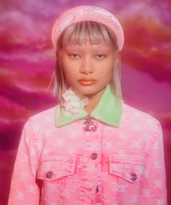 JUICY COUTURE SPRING SUMMER '22 COLLECTION FLURO PINK MONOGRAM ACID WASH DENIM JACKET