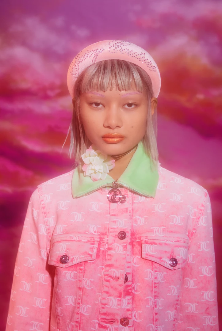 JUICY COUTURE SPRING SUMMER '22 COLLECTION FLURO PINK MONOGRAM ACID WASH DENIM JACKET