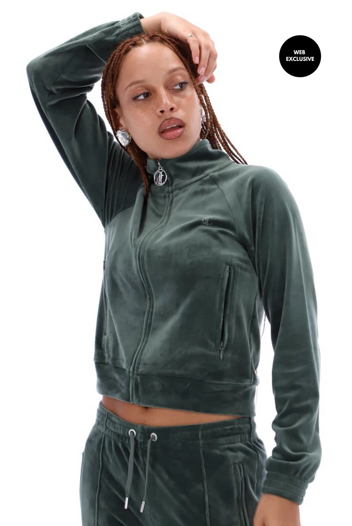 JUICY COUTURE TRACKSUITS DARK MOSS VELOUR DIAMANTE TRACKTOP