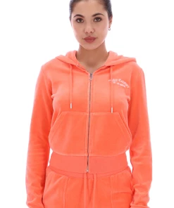 JUICY COUTURE SPRING SUMMER'22 COLLECTION FRESH CORAL RECYCLED VELOUR ZIP THROUGH HOODIE