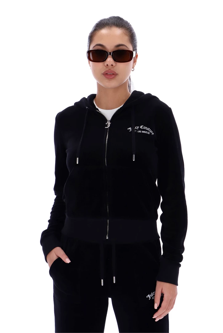 JUICY COUTURE BLACK RECYCLED VELOUR ZIP THROUGH HOODIE