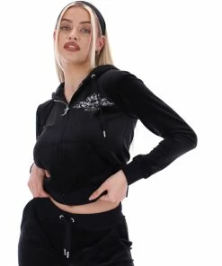 JUICY COUTURE BLACK ANNIVERSARY CREST ZIP THROUGH HOODIE TRACKSUITS