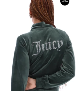 JUICY COUTURE TRACKSUITS DARK MOSS VELOUR DIAMANTE TRACKTOP