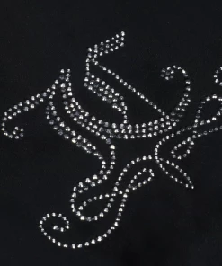 JUICY COUTURE BLACK CREST DIAMANTE VELOUR WIDE LEG JOGGERS TRACKSUITS