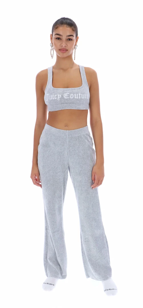 JUICY COUTURE SILVER MARL RIB VELOUR WIDE LEG BOTTOMS