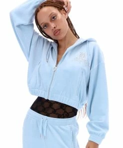 JUICY COUTURE COOL BLUE OVERSIZED VELOUR DIAMANTE CREST HOODIE