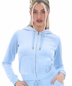 JUICY COUTURE TRACKSUITS POWDER BLUE ANNIVERSARY DIAMANTE ZIP THROUGH HOODIE