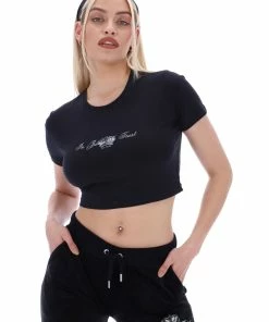 JUICY COUTURE TOPS BLACK ANNIVERSARY CROWN CREST CROP TEE