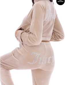JUICY COUTURE WARM TAUPE VELOUR DIAMANTE TRACKSUIT BOTTOM