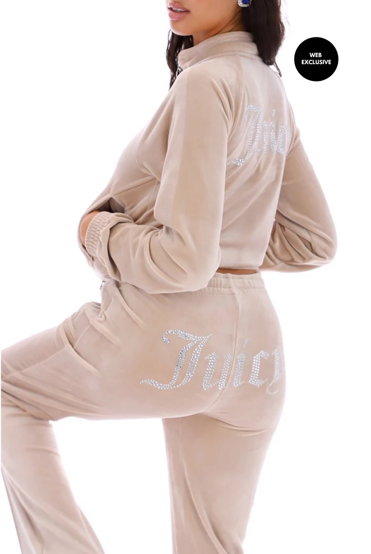 JUICY COUTURE WARM TAUPE VELOUR DIAMANTE TRACKSUIT BOTTOM