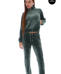 JUICY COUTURE DARK MOSS VELOUR DIAMANTE TRACKSUIT BOTTOM