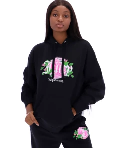 JUICY COUTURE SPRING SUMMER '22 COLLECTION BLACK FANTASY FLORAL GRAPHIC FLEECE HOODIE