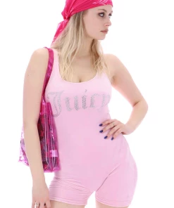 JUICY COUTURE SPRING SUMMER '22 COLLECTION PINK PETAL VELOUR DIAMANTE ROMPER