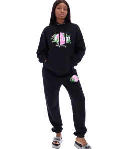 JUICY COUTURE BLACK FANTASY FLORAL GRAPHIC BOYFRIEND JOGGERS