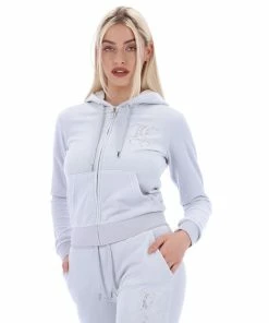 JUICY COUTURE TRACKSUITS QUIET GREY ANNIVERSARY DIAMANTE ZIP THROUGH HOODIE