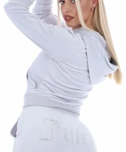 JUICY COUTURE TRACKSUITS QUIET GREY ANNIVERSARY DIAMANTE ZIP THROUGH HOODIE