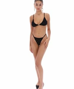 JUICY COUTURE BLACK FLOCKED MONOGRAM MESH THONG BOTTOMS