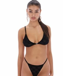 JUICY COUTURE BLACK FLOCKED MONOGRAM MESH THONG BOTTOMS