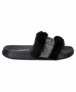 JUICY COUTURE BLACK FAUX FUR DIAMANTE SLIDERS
