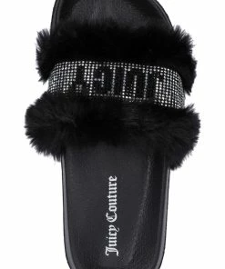 JUICY COUTURE BLACK FAUX FUR DIAMANTE SLIDERS