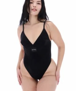 JUICY COUTURE BLACK RIB VELOUR BODYSUIT TOPS