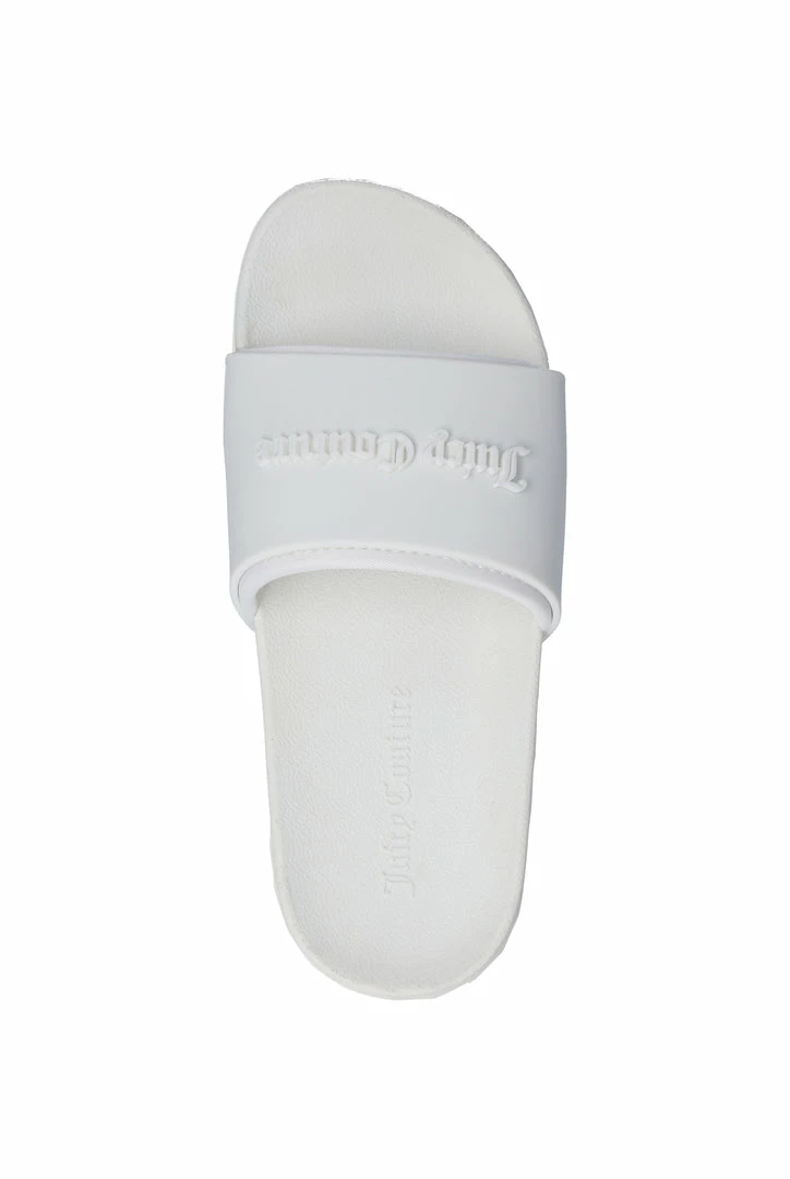 JUICY COUTURE SPRING SUMMER '22 COLLECTION WHITE EMBOSSED SLIDERS
