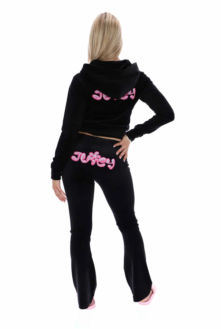 JUICY COUTURE NEW IN BLACK JUICY BUBBLE LOW RISE FLARED JOGGER