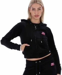 JUICY COUTURE BLACK JUICY BUBBLE VELOUR ZIP-THROUGH HOODIE NEW IN