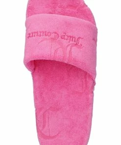 JUICY COUTURE FLURO PINK MONOGRAM JACQUARD TOWELLING SLIDERS