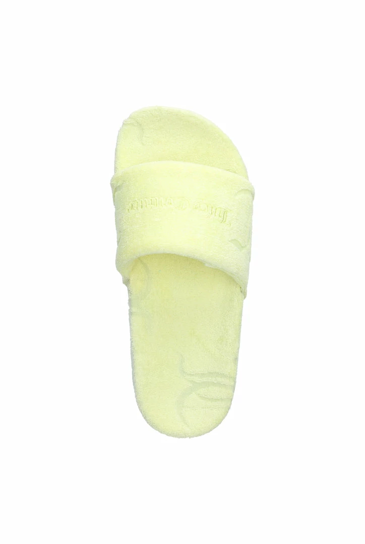 JUICY COUTURE YELLOW PEAR MONOGRAM JACQUARD TOWELLING SLIDERS SPRING SUMMER '22 COLLECTION