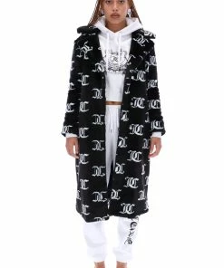 JUICY COUTURE BLACK FAUX FUR MONOGRAM COAT