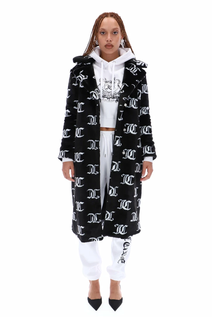 JUICY COUTURE BLACK FAUX FUR MONOGRAM COAT