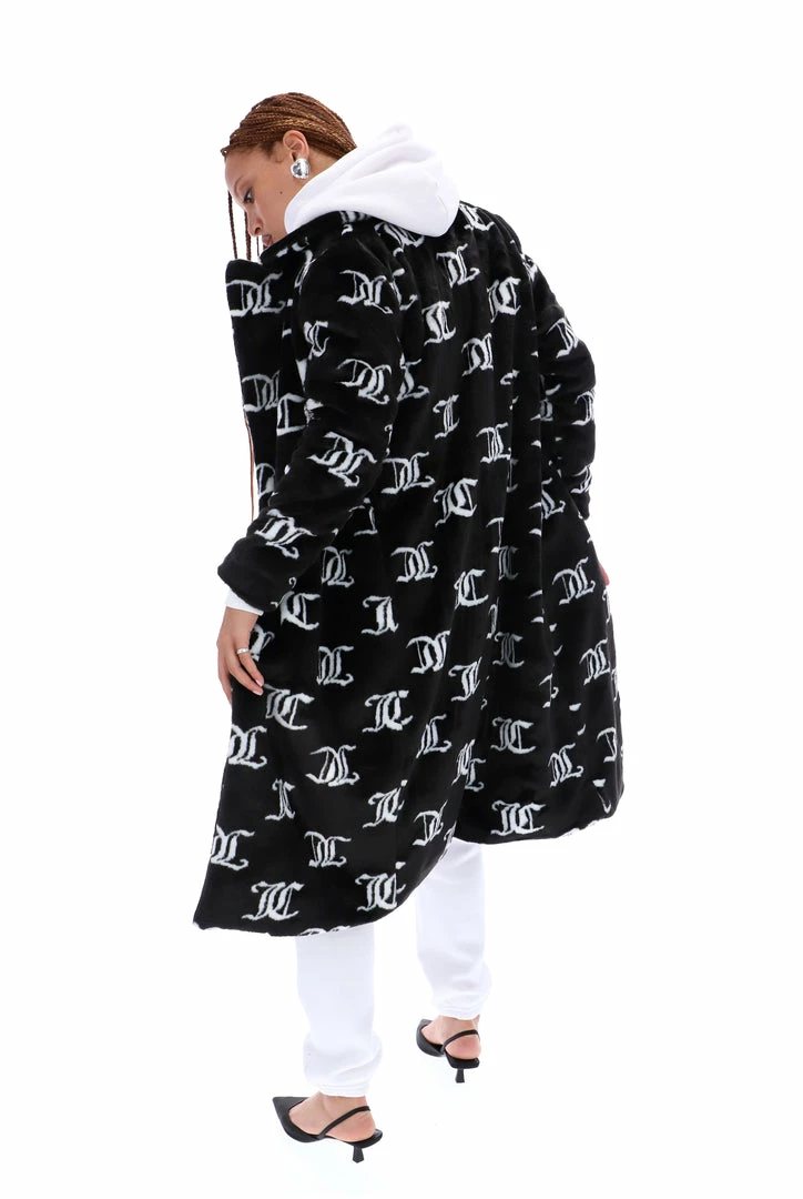 JUICY COUTURE BLACK FAUX FUR MONOGRAM COAT