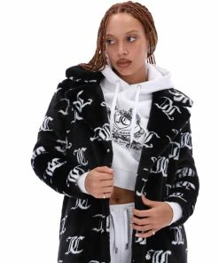 JUICY COUTURE BLACK FAUX FUR MONOGRAM COAT