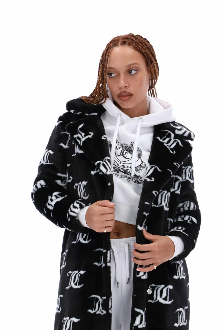 JUICY COUTURE BLACK FAUX FUR MONOGRAM COAT