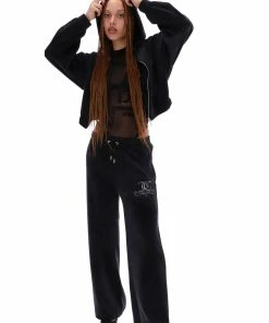 JUICY COUTURE BLACK CREST DIAMANTE VELOUR WIDE LEG JOGGERS TRACKSUITS