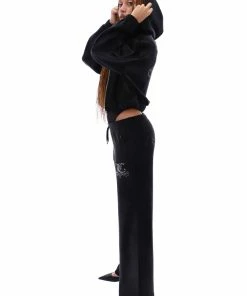 JUICY COUTURE BLACK CREST DIAMANTE VELOUR WIDE LEG JOGGERS TRACKSUITS
