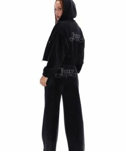 JUICY COUTURE BLACK CREST DIAMANTE VELOUR WIDE LEG JOGGERS TRACKSUITS