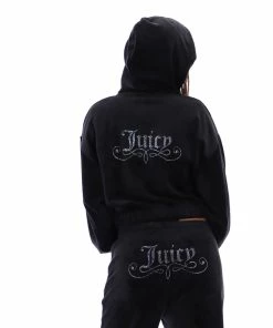 JUICY COUTURE BLACK CREST DIAMANTE VELOUR WIDE LEG JOGGERS TRACKSUITS