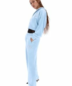 JUICY COUTURE COOL BLUE CREST DIAMANTE VELOUR WIDE LEG JOGGERS