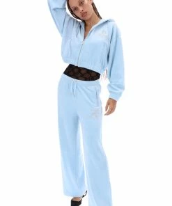 JUICY COUTURE COOL BLUE CREST DIAMANTE VELOUR WIDE LEG JOGGERS