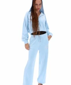 JUICY COUTURE COOL BLUE OVERSIZED VELOUR DIAMANTE CREST HOODIE