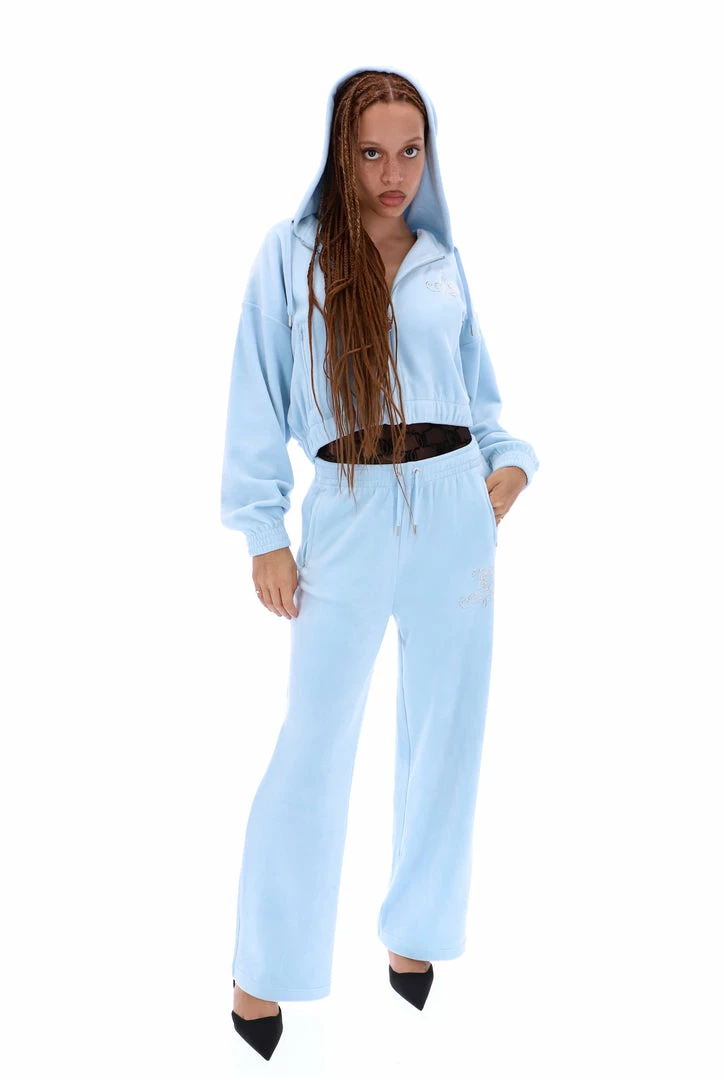 JUICY COUTURE COOL BLUE OVERSIZED VELOUR DIAMANTE CREST HOODIE