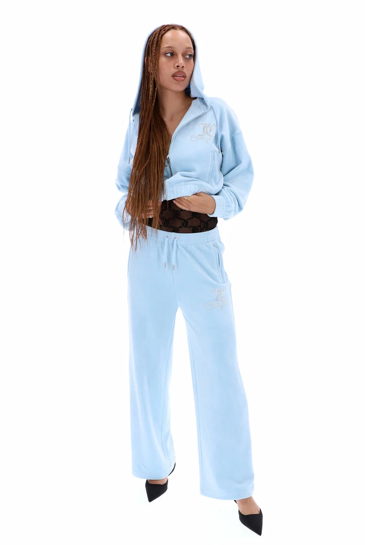 JUICY COUTURE COOL BLUE OVERSIZED VELOUR DIAMANTE CREST HOODIE