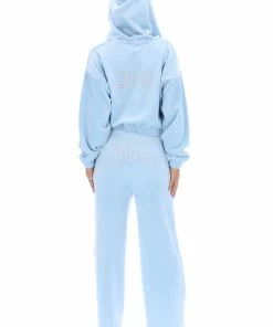 JUICY COUTURE COOL BLUE CREST DIAMANTE VELOUR WIDE LEG JOGGERS