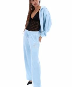 JUICY COUTURE COOL BLUE CREST DIAMANTE VELOUR WIDE LEG JOGGERS